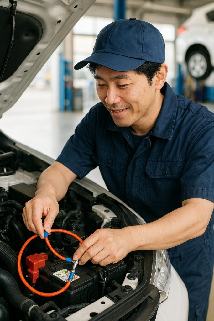 アーシングの配線をする整備士