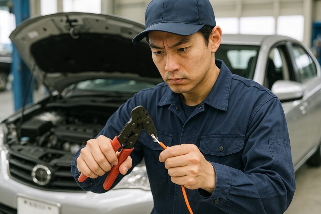 アーシングのケーブルを加工する整備士