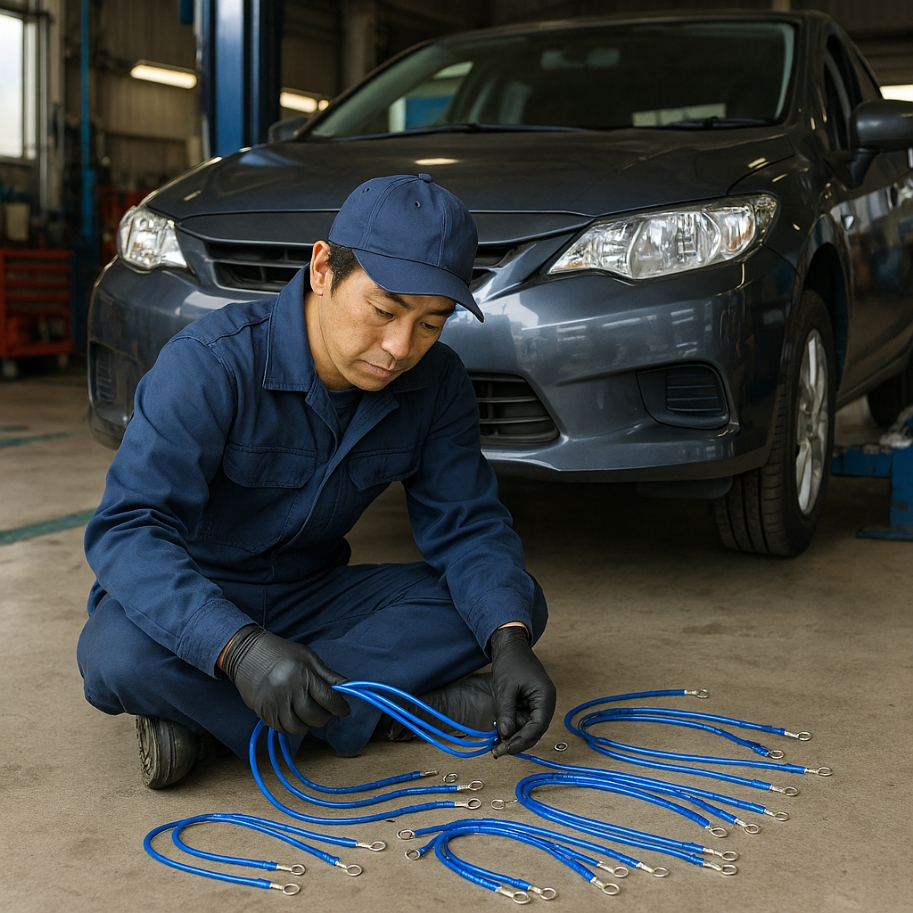 アーシングのケーブルを準備する整備士