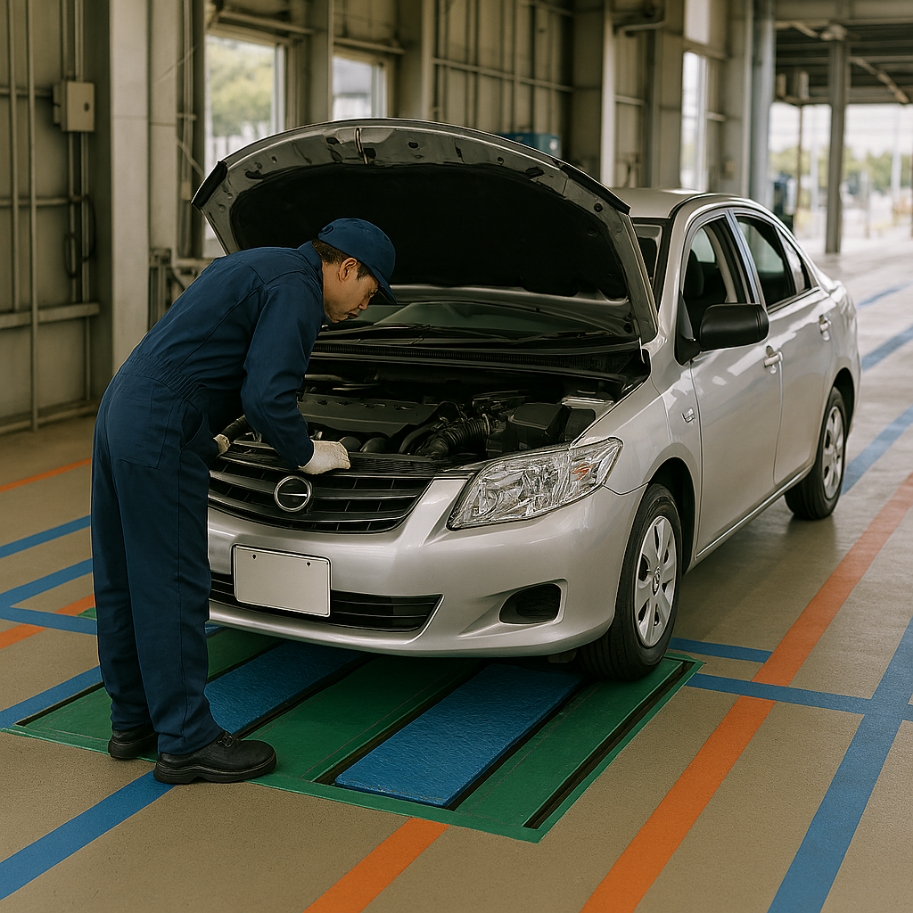 車検ラインでボンネットを開けて車台番号を確認する検査官
