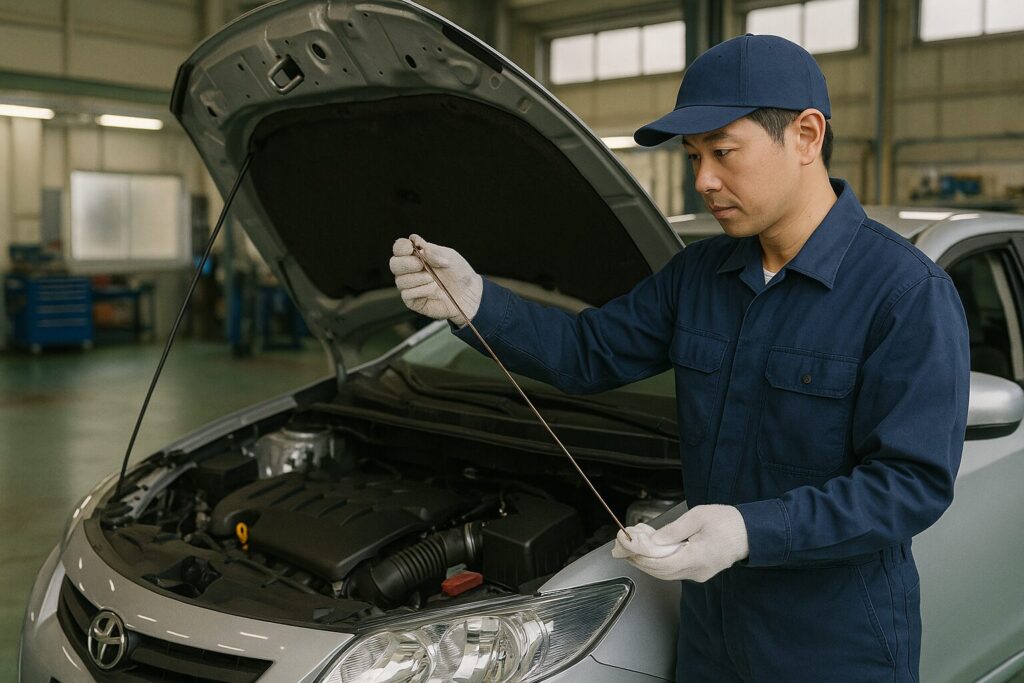 エンジンオイルのレベルゲージを見てる整備士