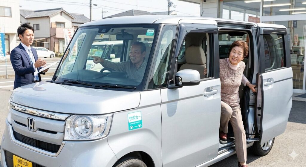 自動車販売店の店員と、軽自動車に乗り込む高齢夫婦