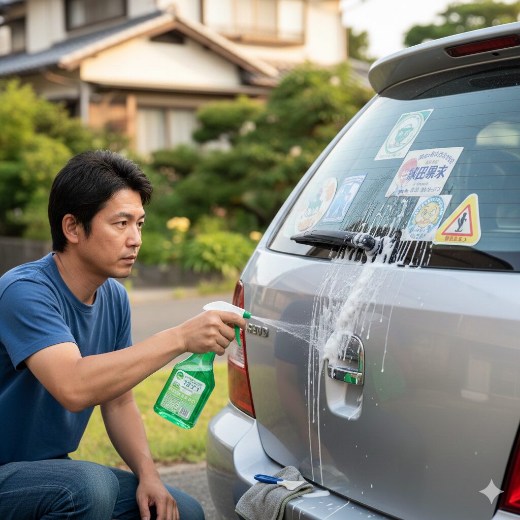 車のリアガラスに貼られたステッカーに洗剤を吹き付ける男