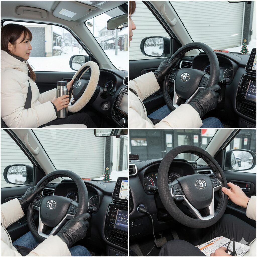 いろいろなタイプのハンドルカバーをつけた車