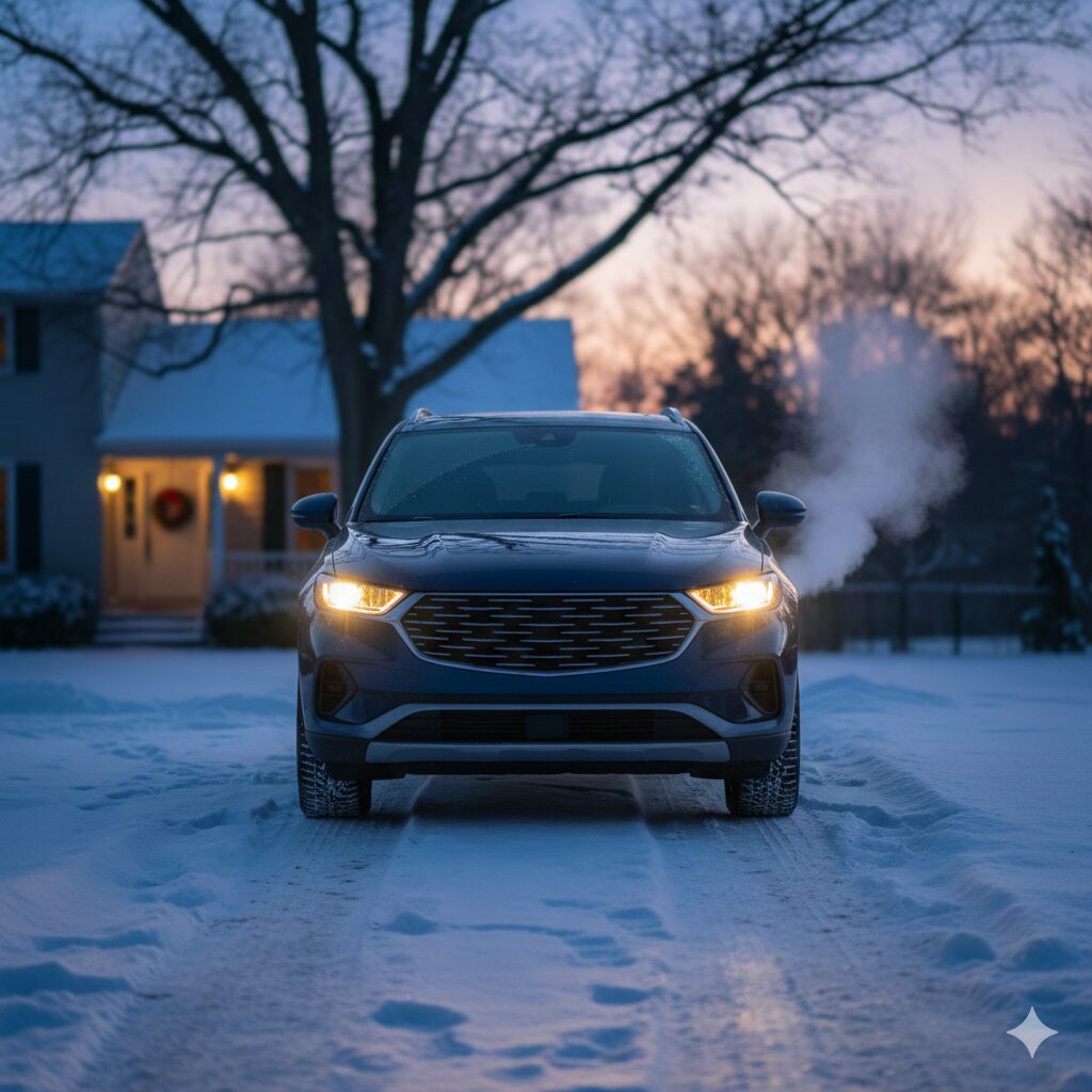 雪の中に止まった自動車のマフラーから湯気が出ている