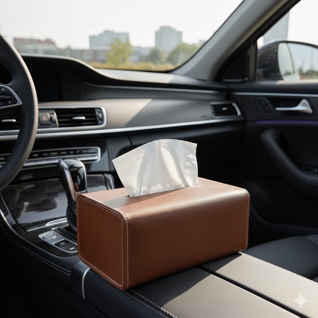 車内に置いてあるレザーケースに入れたティッシュ