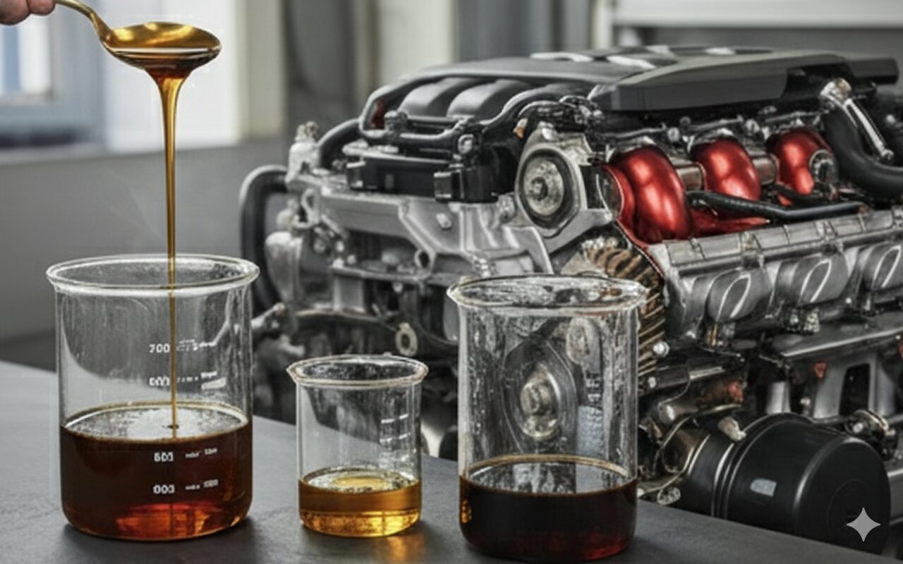 エンジンの前でオイルを垂らして粘度を見ている