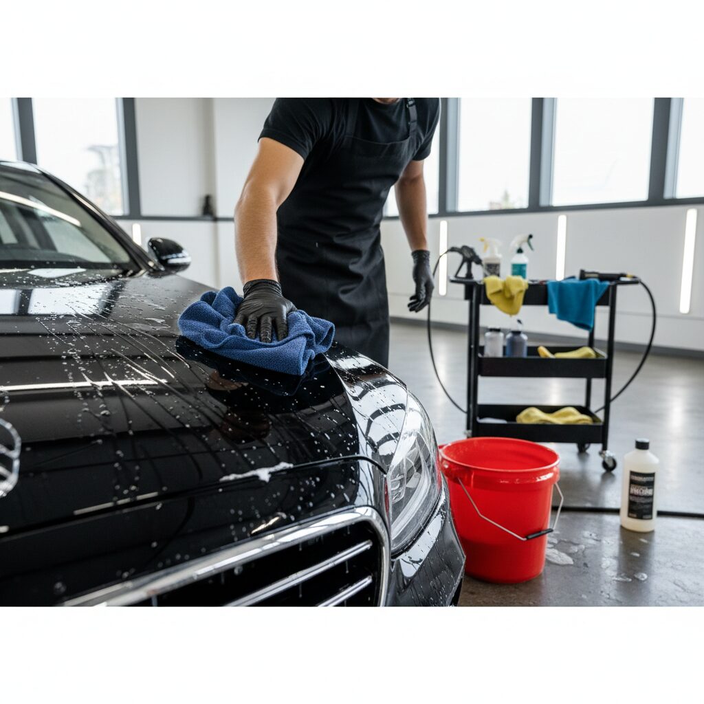 新車を手洗い洗車している