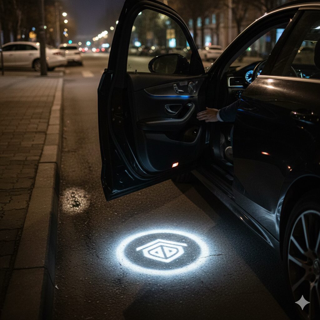 夜に自動車のドアを開けたときに地面を照らすウェルカムライト