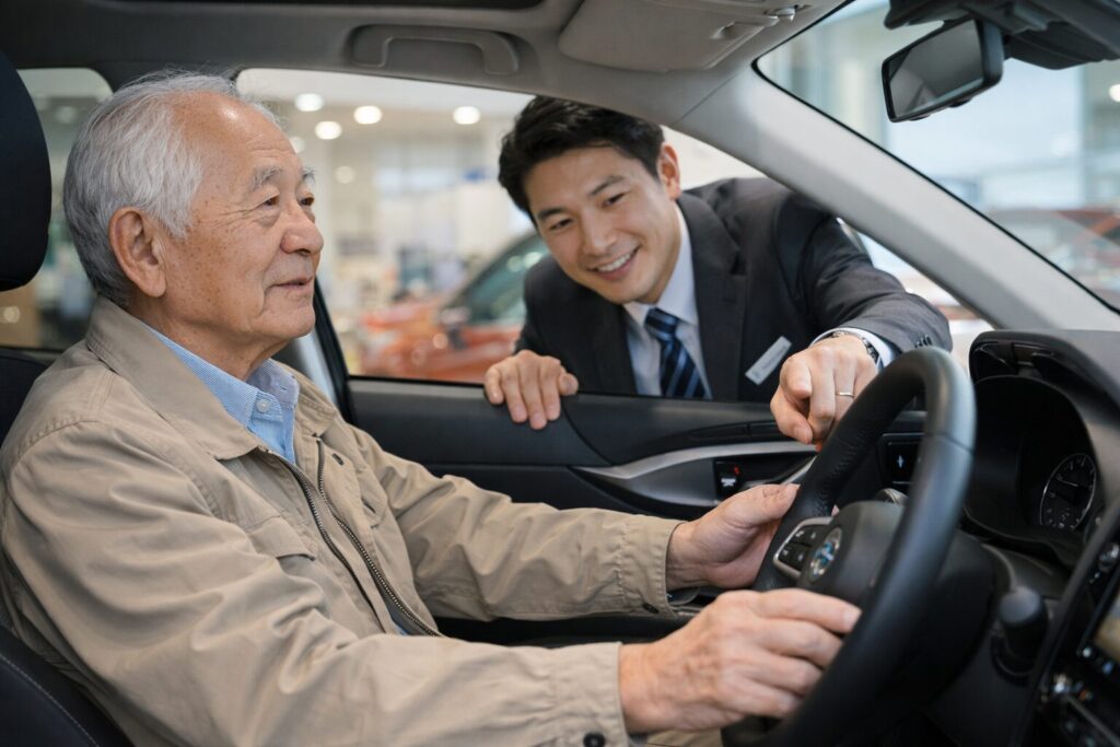 高齢の男に車の説明をする自動車の販売員