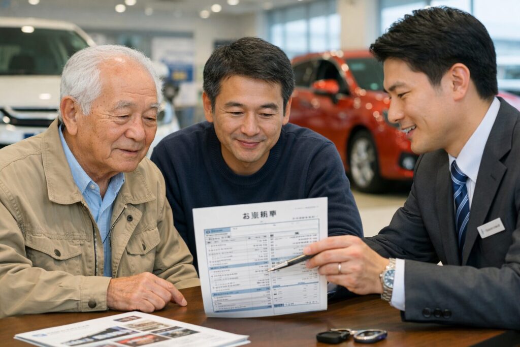 自動車販売店の店員から見積書を見せられる高齢男と家族