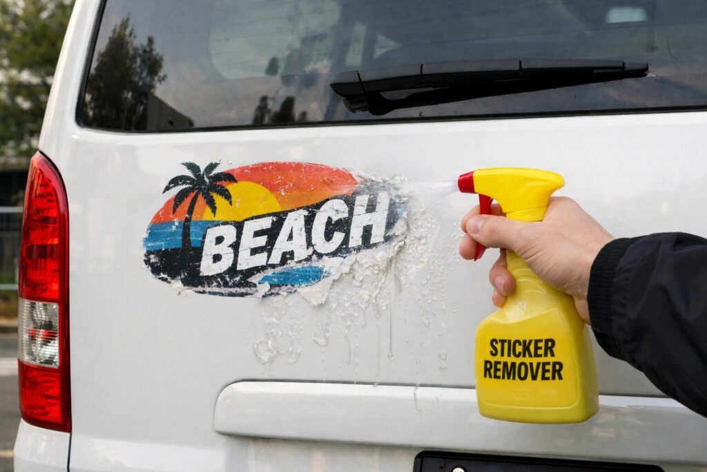 ステッカー剥がし剤を車に貼られたステッカーに吹き付ける