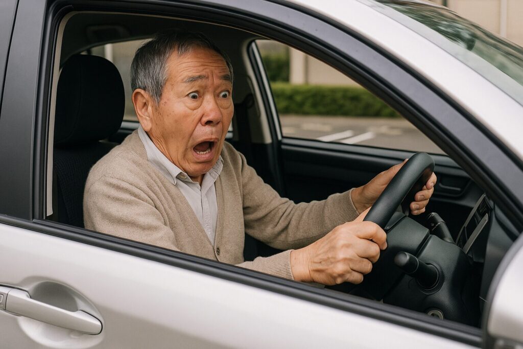 ハンドルを握りながら恐怖の表情の高齢男