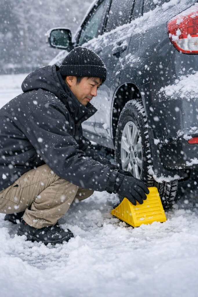 雪の中停車した車にタイヤ止めを置く男
