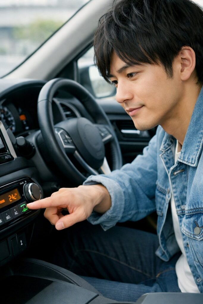 エアコンパネルを操作する若い男