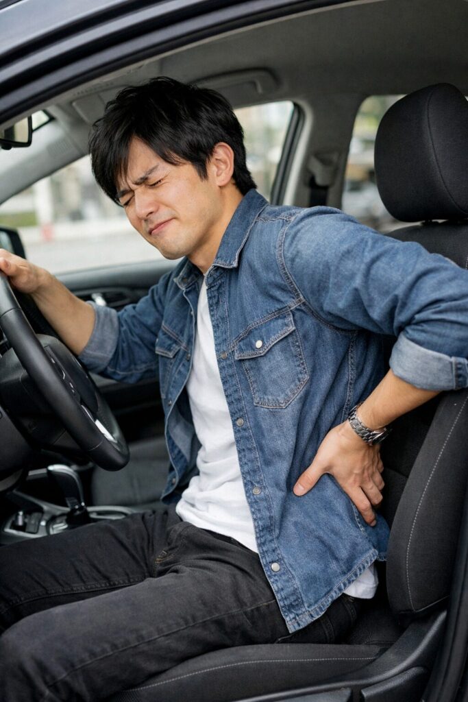長時間運転に疲れて、腰を揉む男