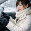 冬の車内で手袋をしてハンドルを持つ女