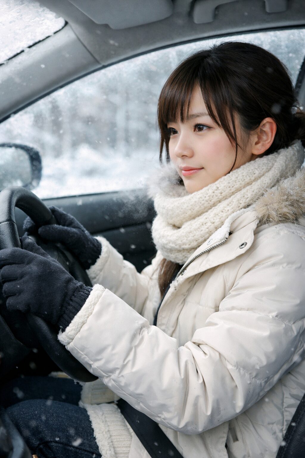 冬の車内で手袋をしてハンドルを持つ女
