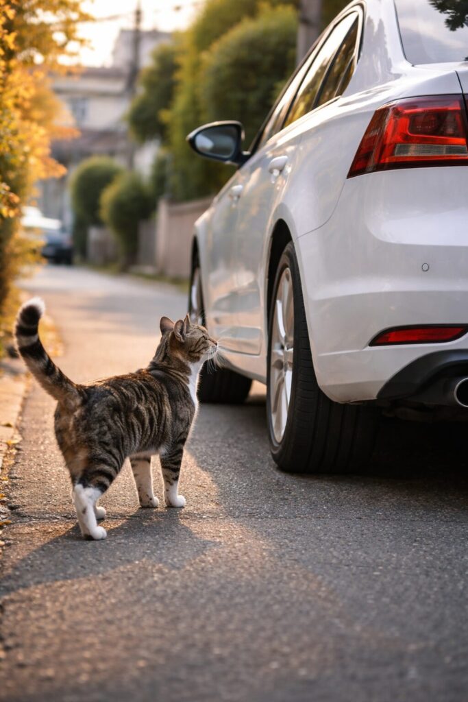 自動車の回りをうろつく猫
