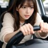 緊張して運転する若い女