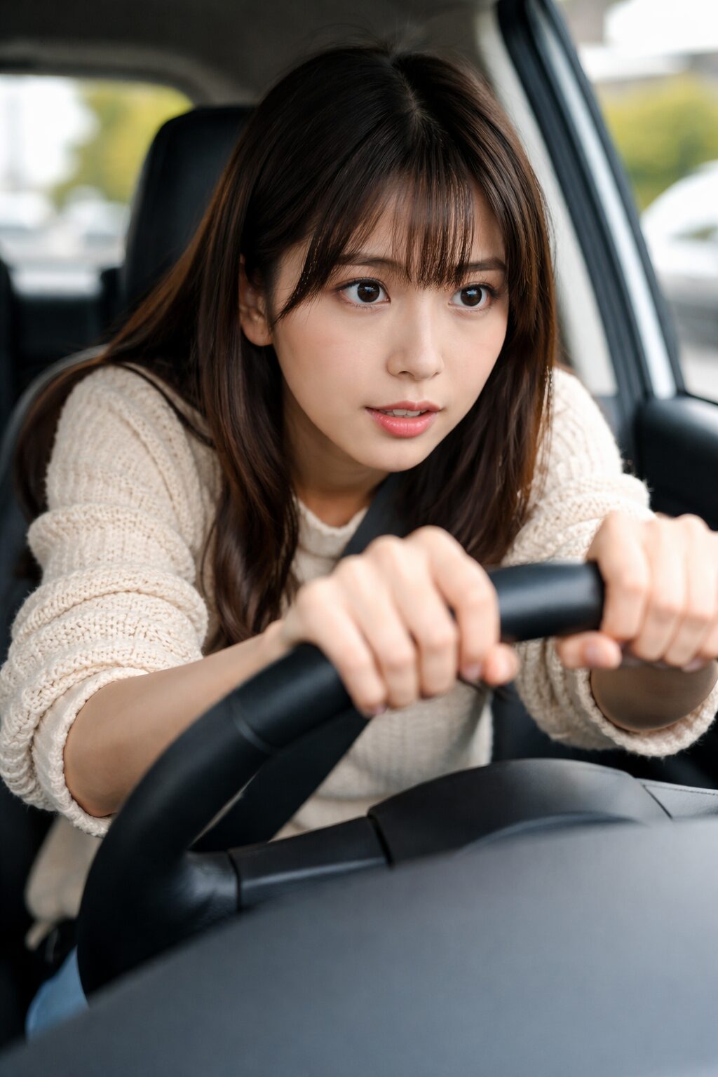 緊張して運転する若い女