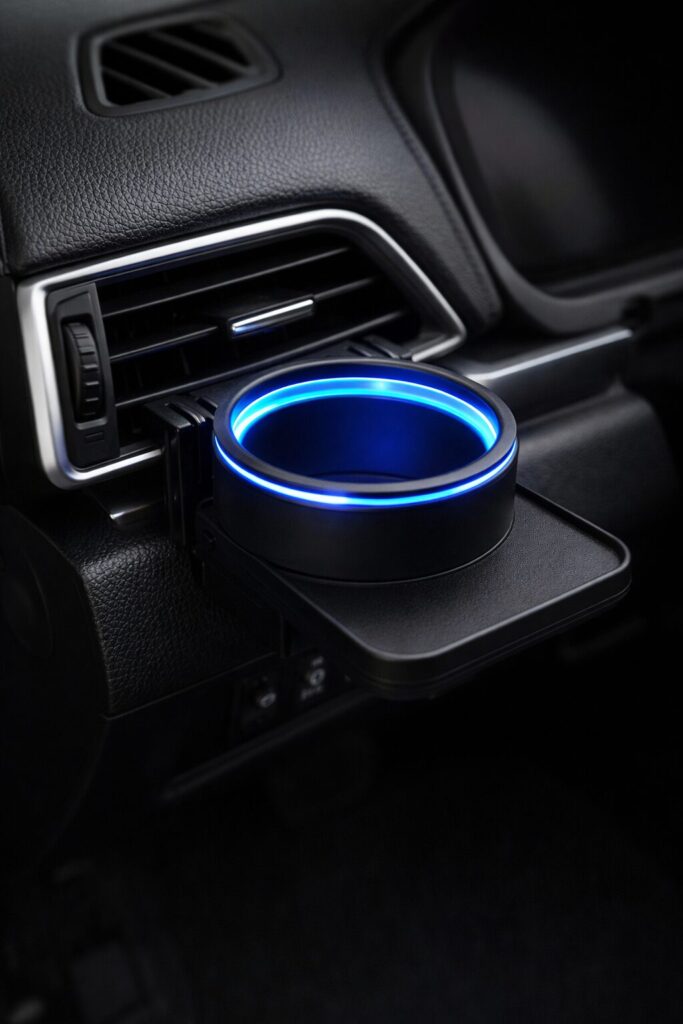 車内のエアコン吹き出し口にセットされた光るドリンクホルダー