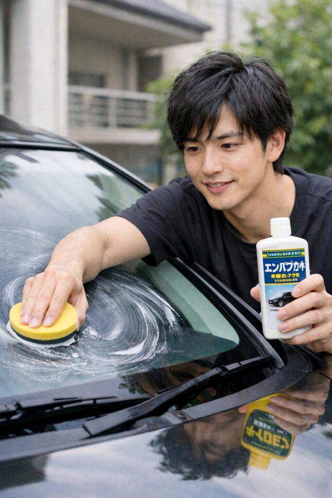 フロントガラスをクリーニングする男