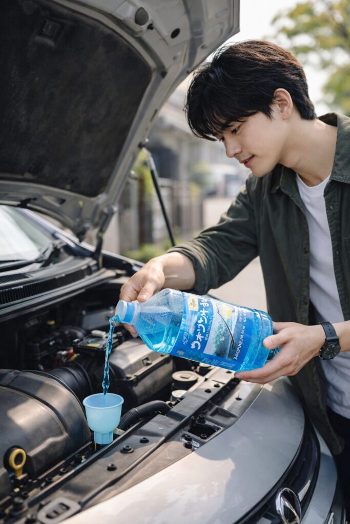 ウォッシャー液タンクにウォッシャー液を入れる男