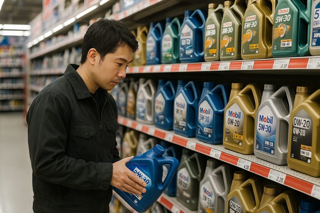 大手カーショップのオイルコーナーでオイルを選ぶ男