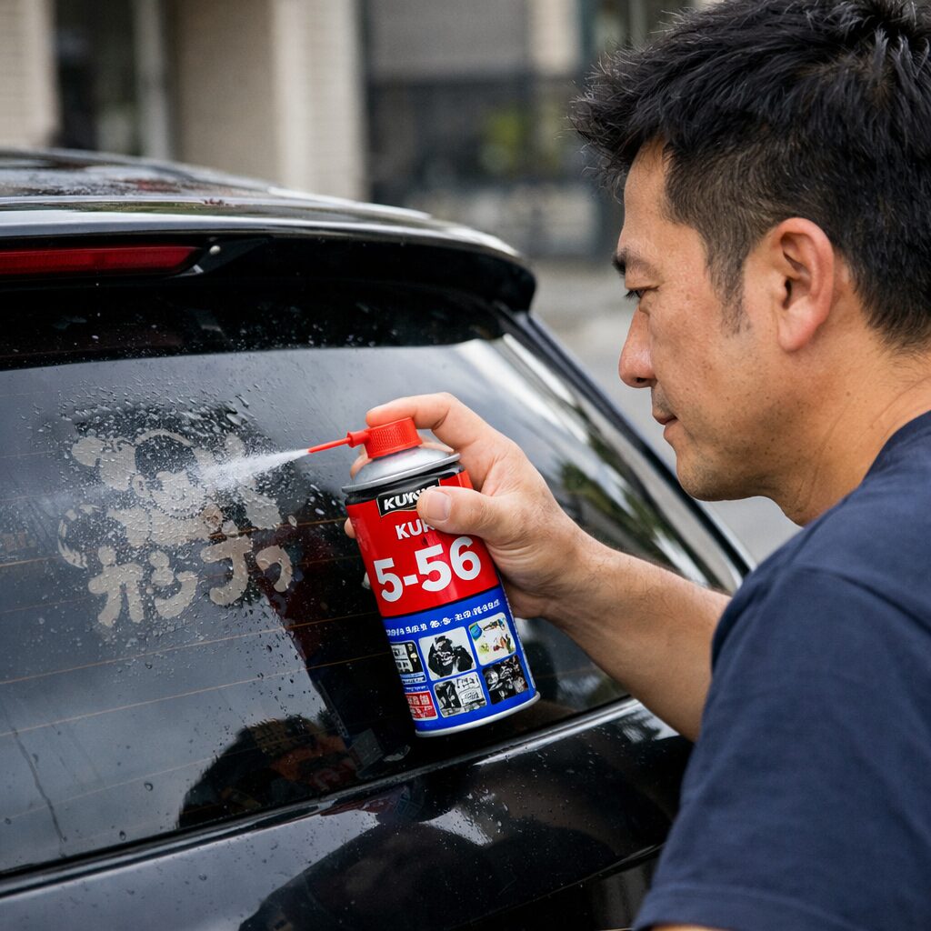 リアガラスに貼ってあるステッカーに556を吹き付ける男