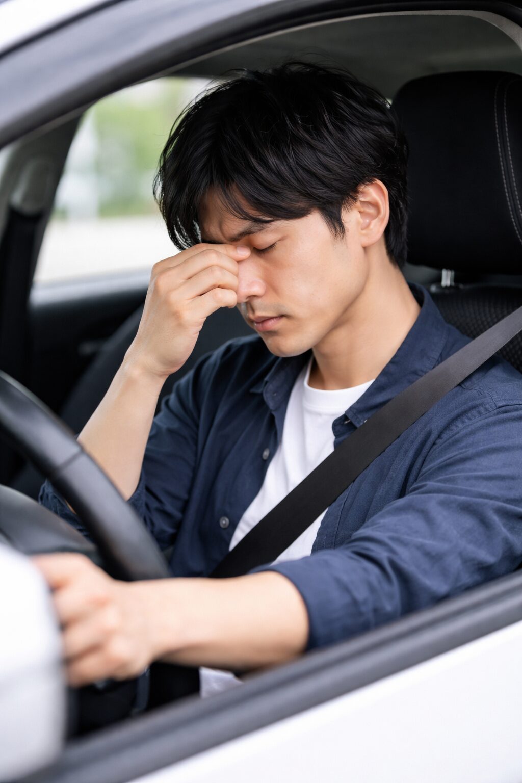 運転に疲れて目のマッサージをする男