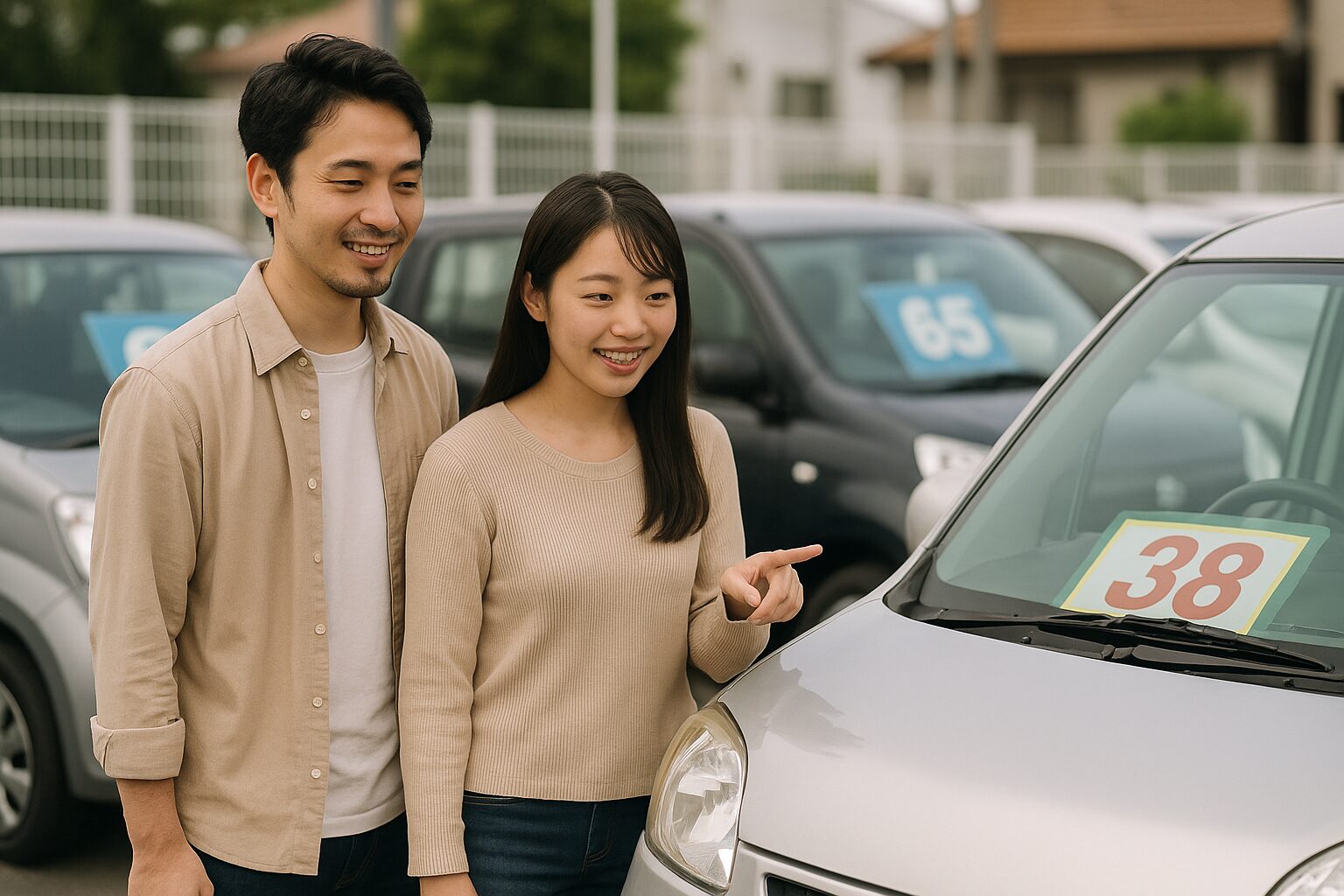 中古車販売店で展示車を見る若い男女