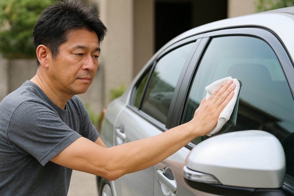 布でサイドガラスを拭く男