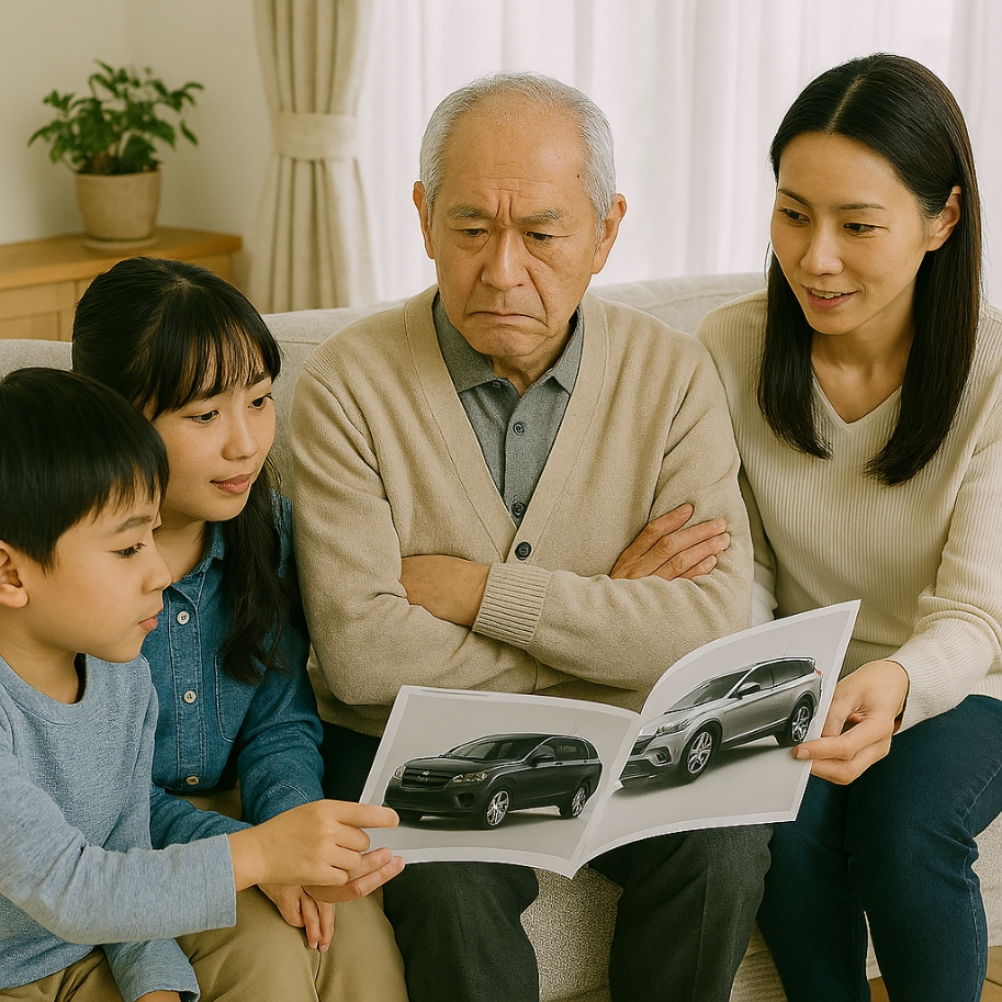 自動車のカタログを見る高齢の男を囲む家族