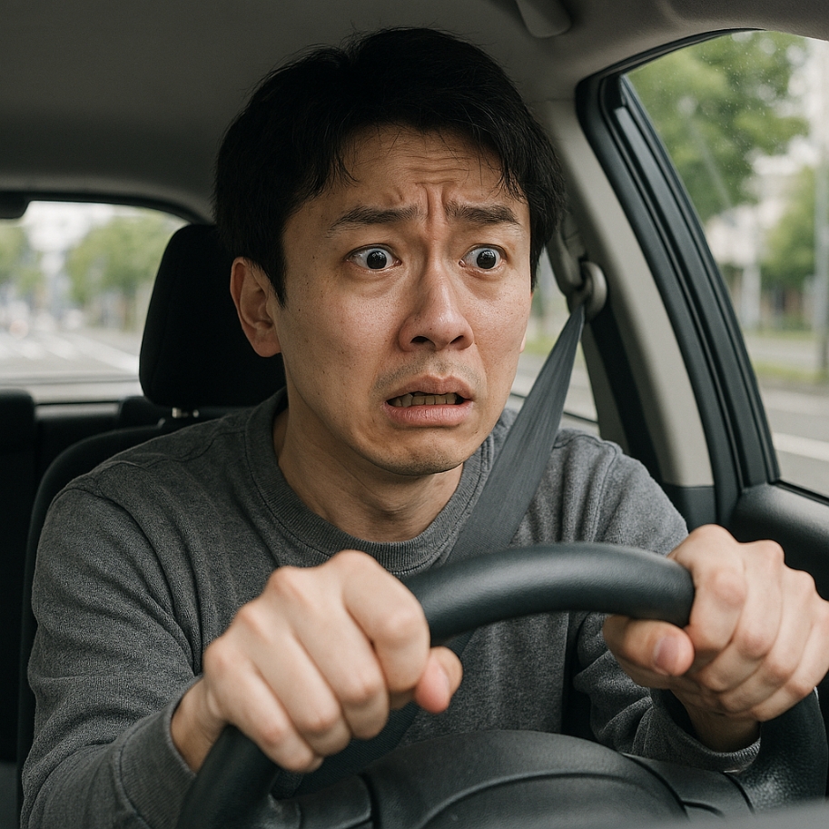 運転の緊張感で顔がこわばっている男