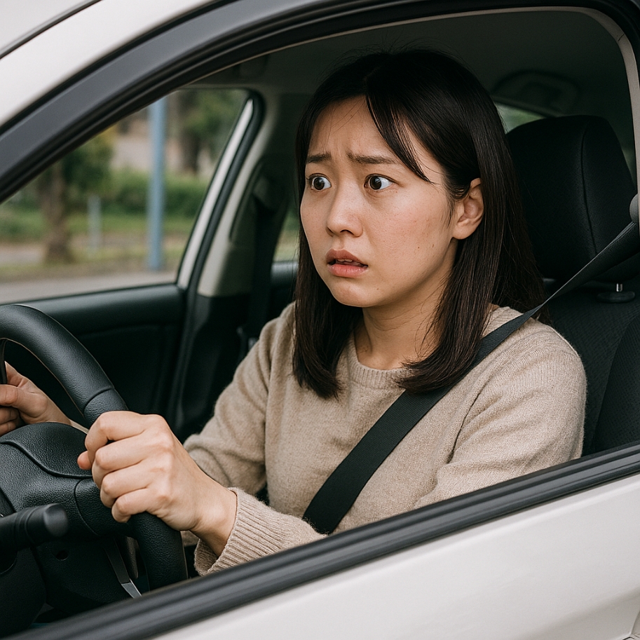 驚いた表情で運転する女