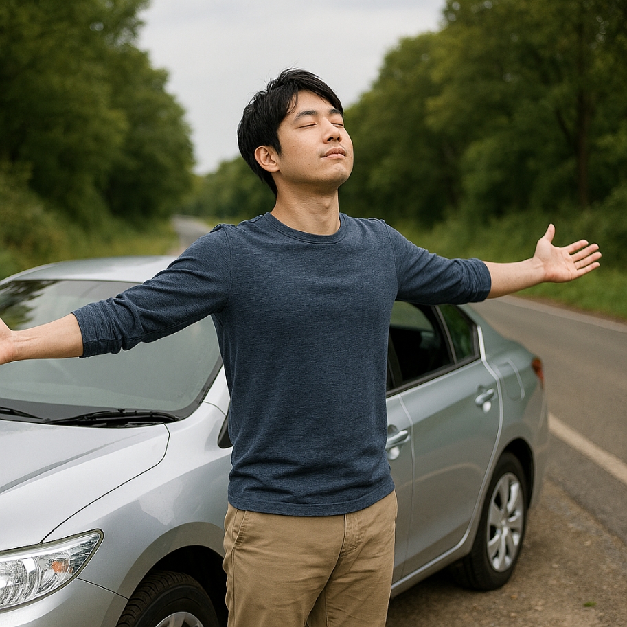 車から降りて深呼吸することで緊張をほぐす男