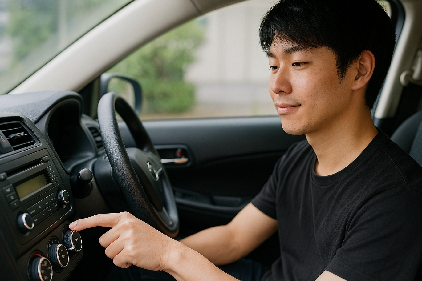 エアコンパネルのACスイッチを押す若い男