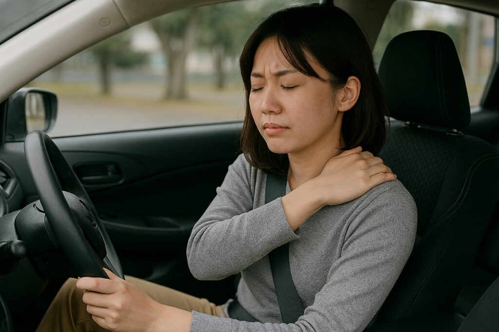 運転に疲れ、肩をマッサージする女