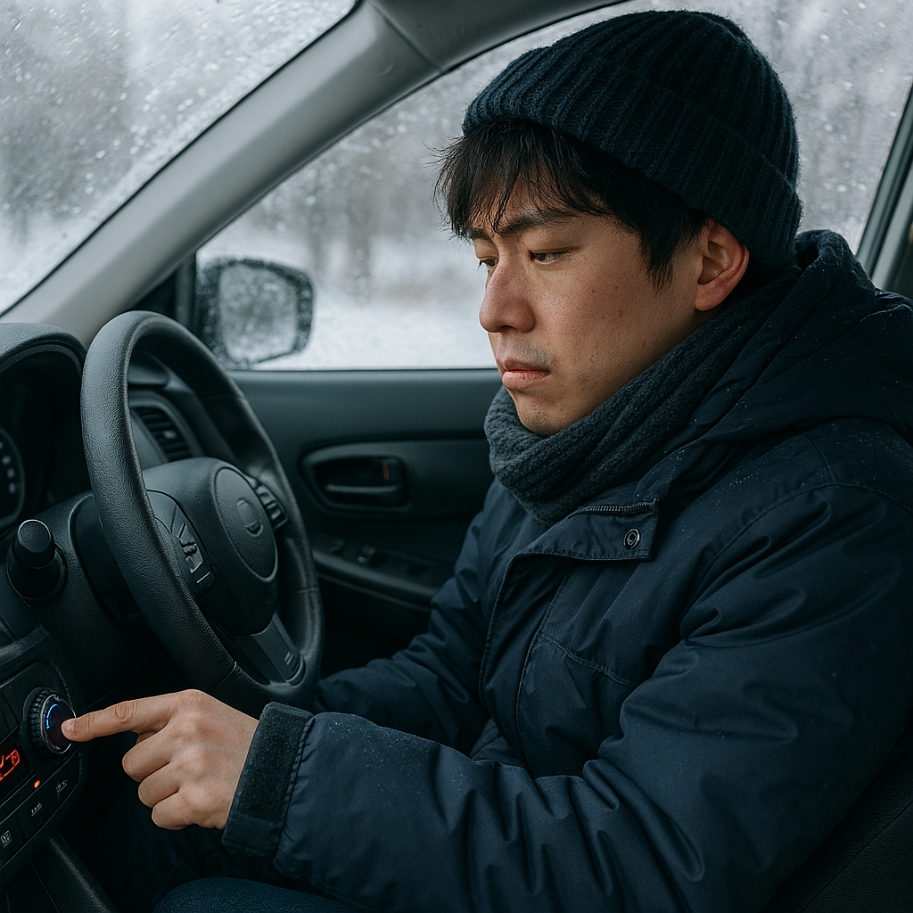 真冬の寒い車内でエアコンのスイッチを入れる男