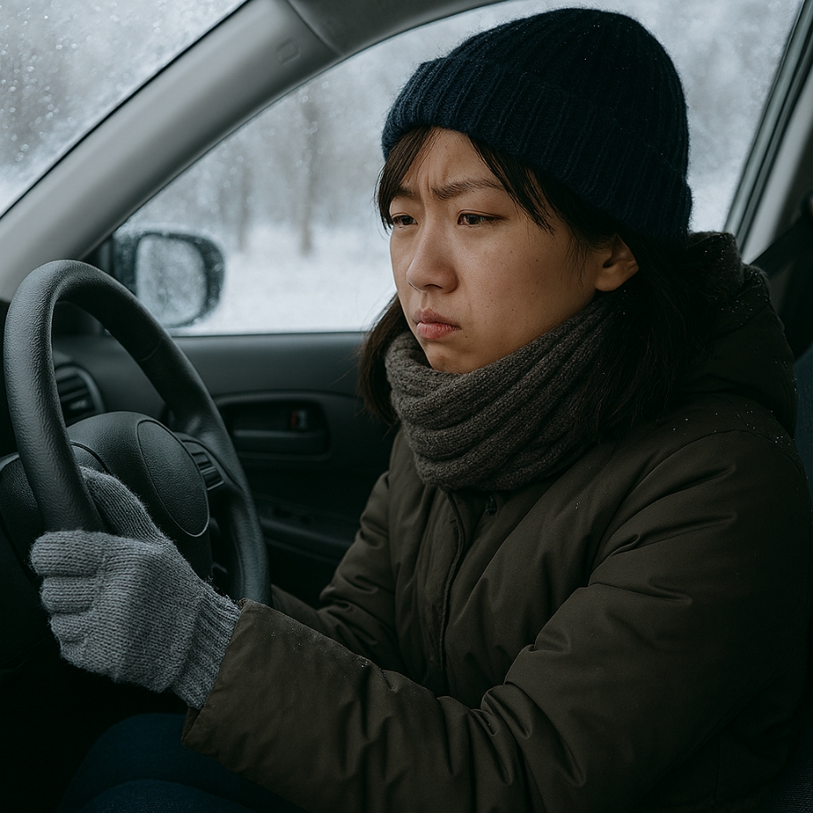 雪の中の車内で手袋をしてハンドルを持つ女