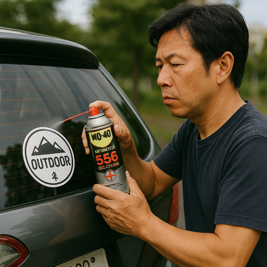 車のリアガラスに貼られたステッカーに556を吹き付ける男