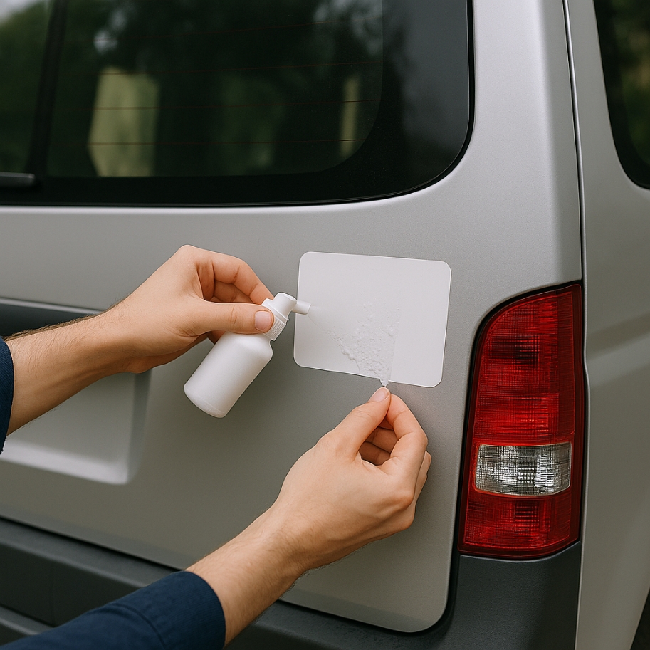 車に貼られたステッカーにシリコンスプレーを吹き付ける