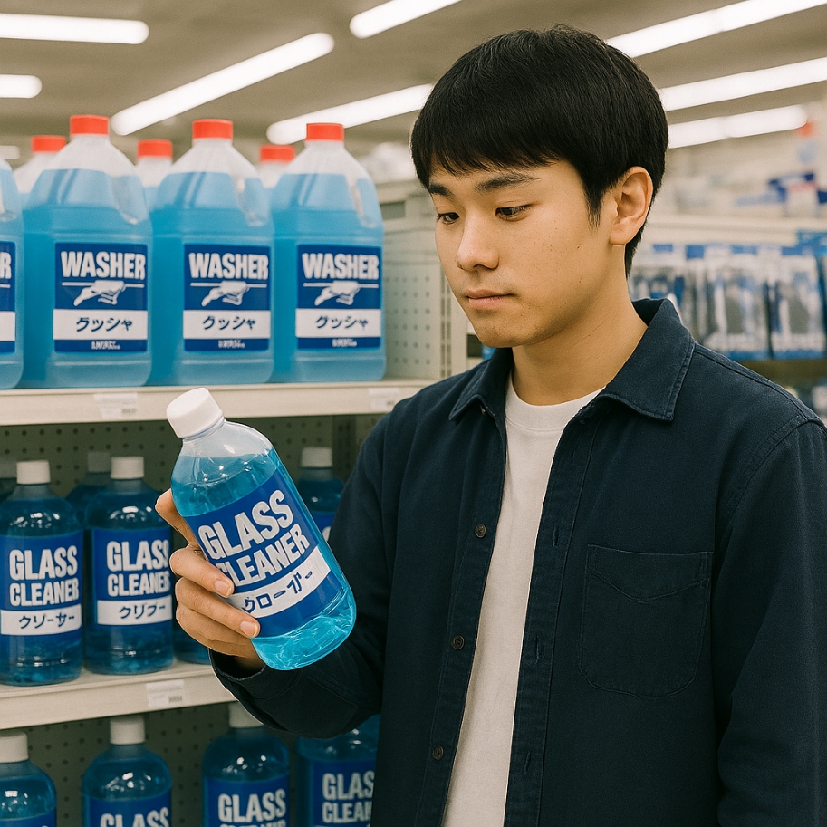 大手カーショップでウォッシャー液を選ぶ男