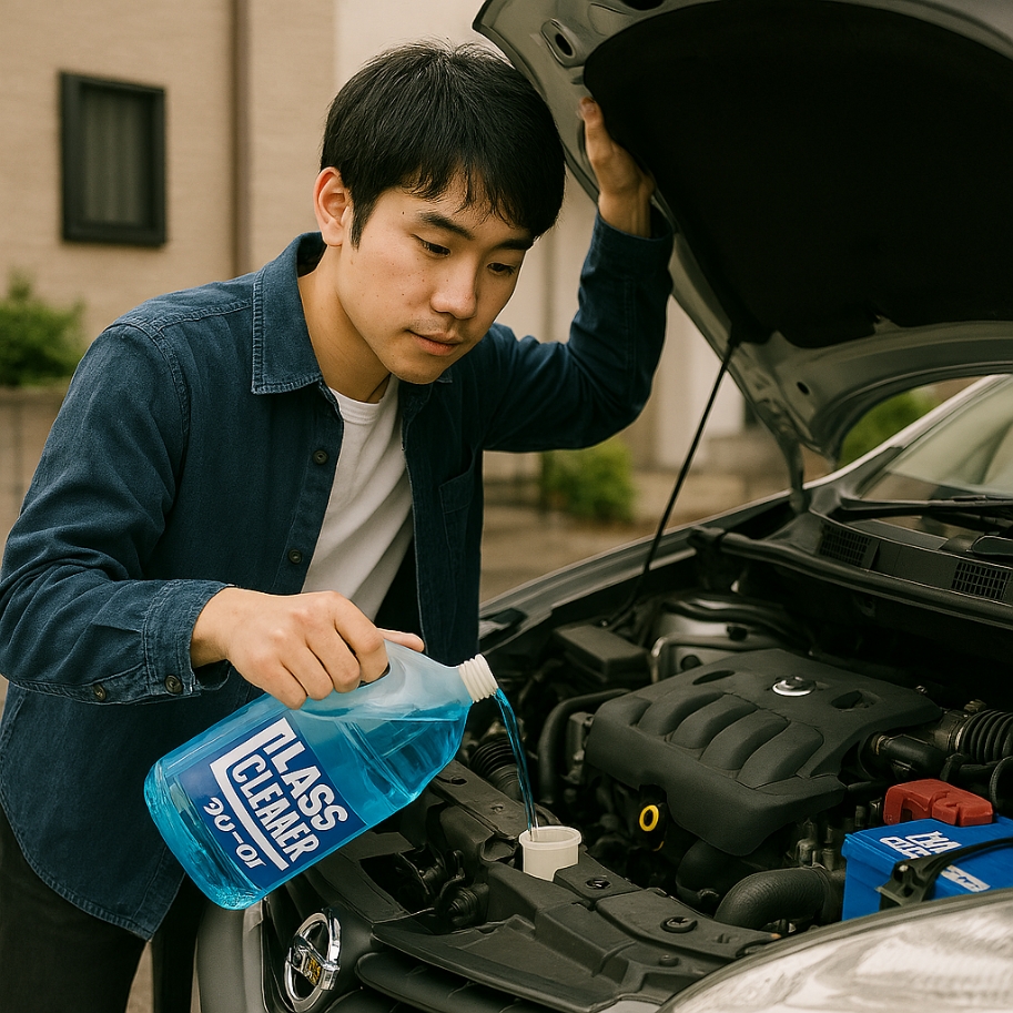 ウインドウォッシャータンクにウォッシャー液を入れる男