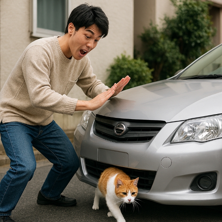ボンネットを叩く男と逃げる猫