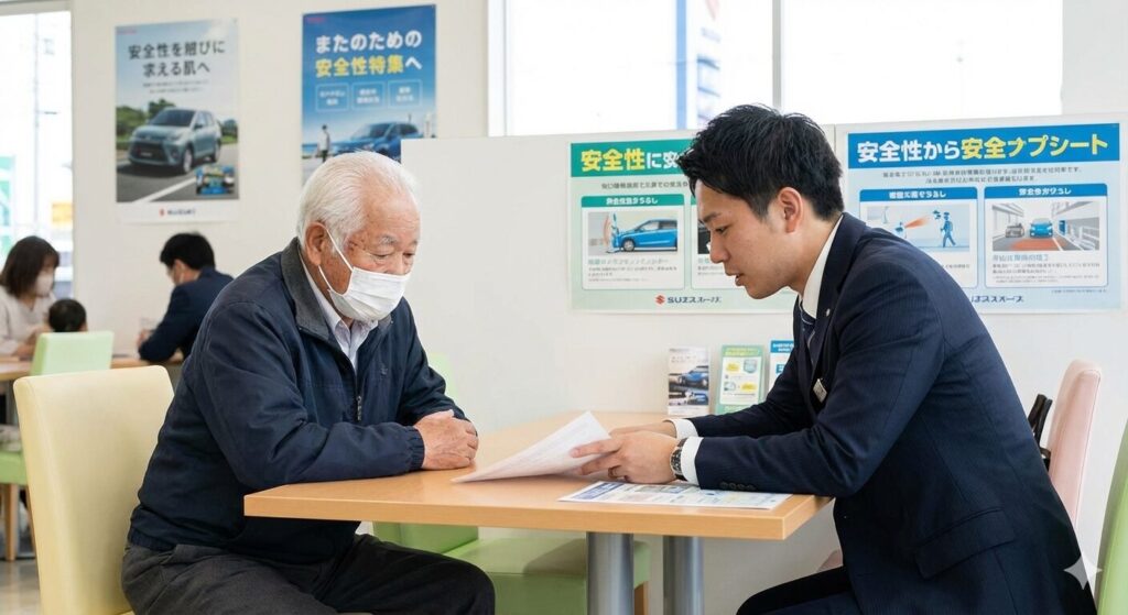ディーラーで見積書を見ながら店員に説明される高齢男