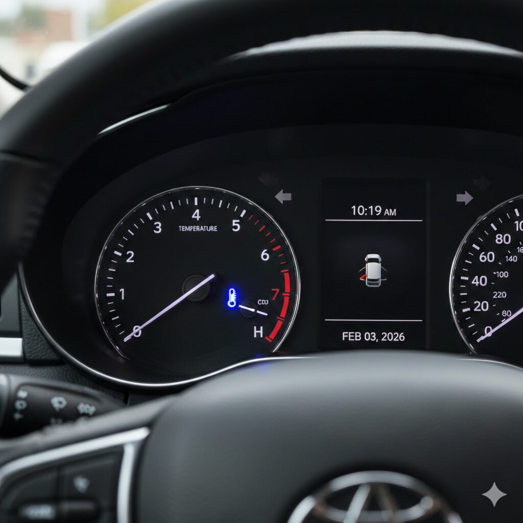 自動車のメーター内の水温計が青く点灯している