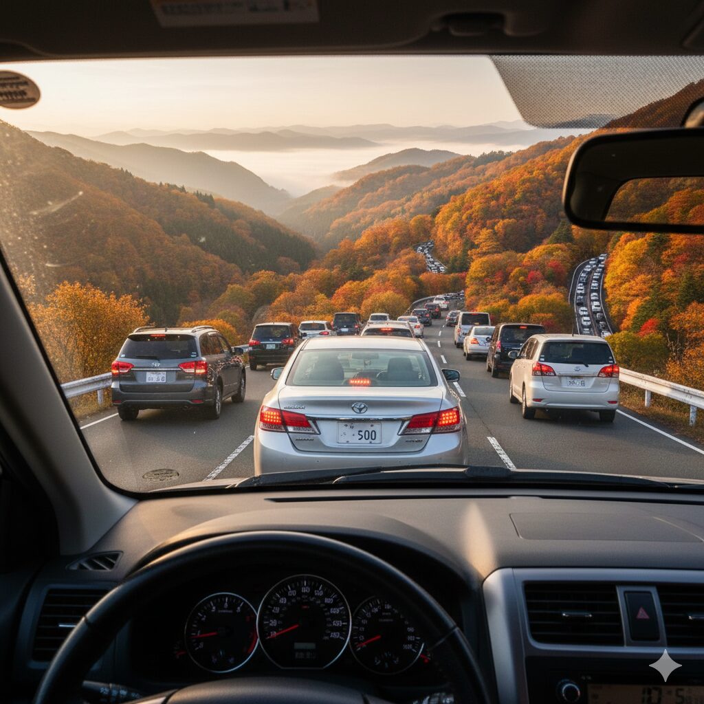 峠の坂道で渋滞している