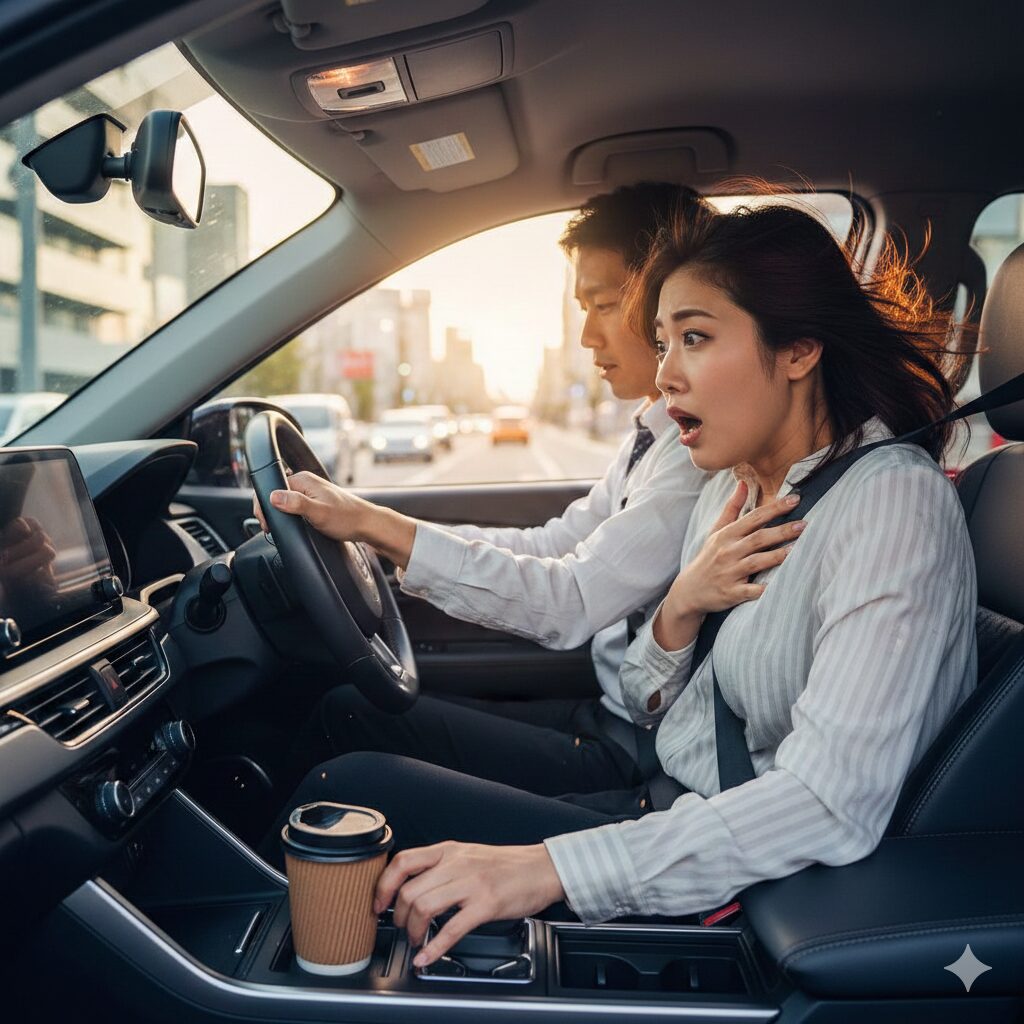 カックンブレーキで助手席の女性がビックリしている